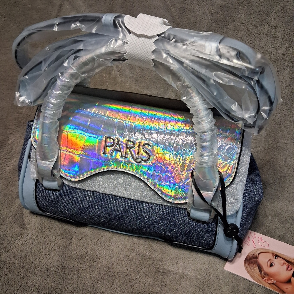 Paris Hilton Mason Mini Tote Crossbody Denim Holographic Iridescent NWT Easter - Picture 7 of 15